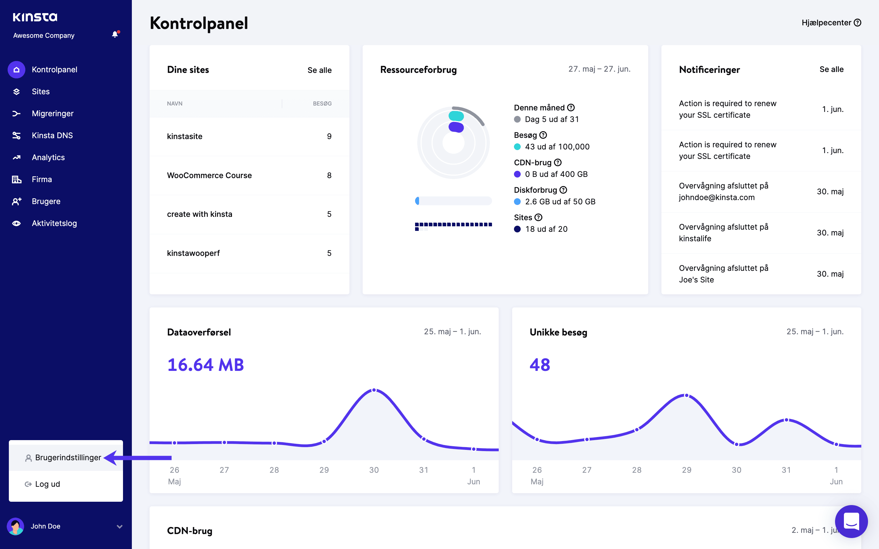 MyKinsta brugerindstillinger