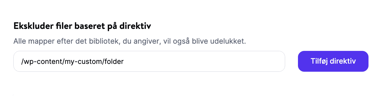Tilføj /wp-content/my-custom-folder for at ekskludere filer baseret på sti i Kinsta CDN-indstillinger.
