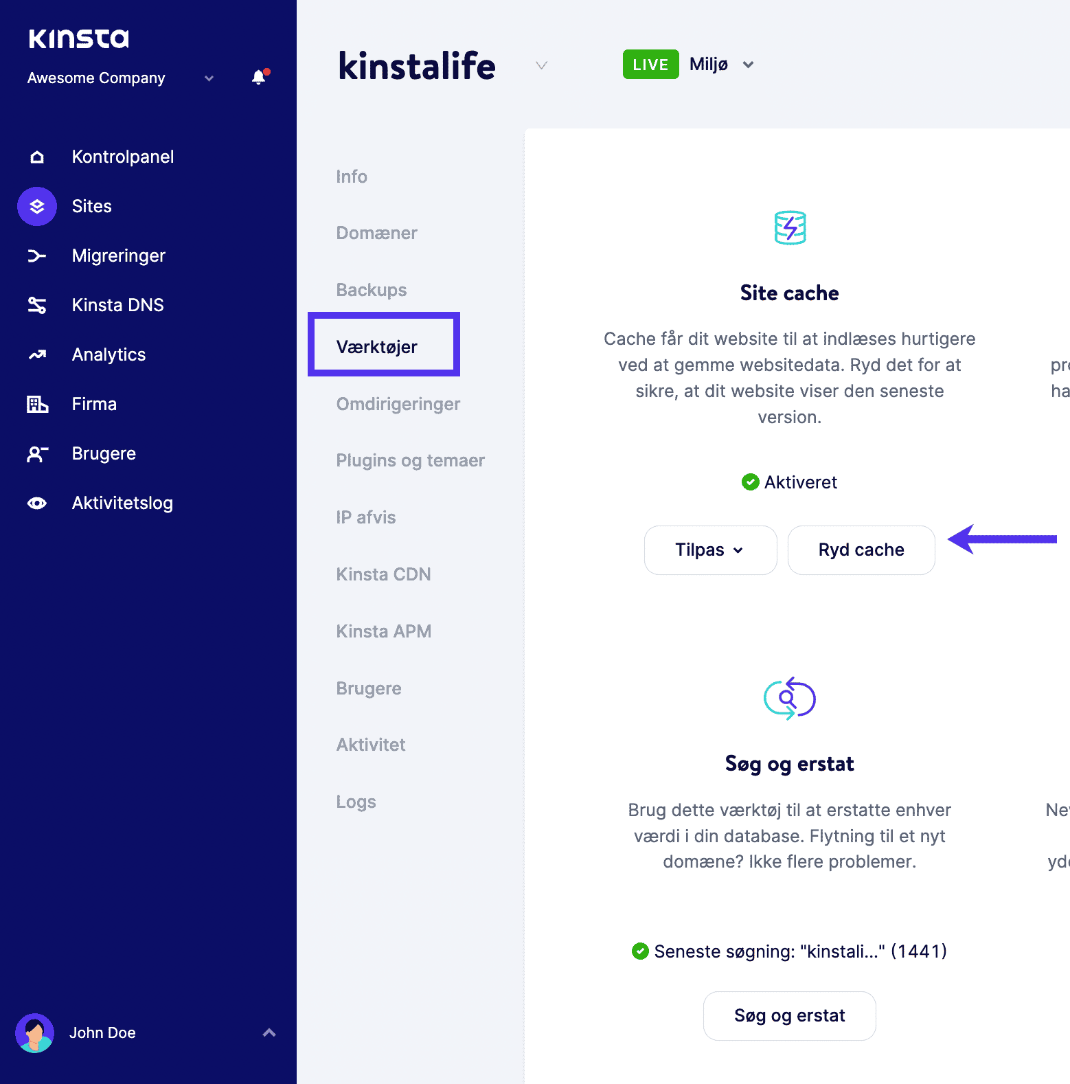 Ryd cache på fanen Værktøjer i MyKinsta.
