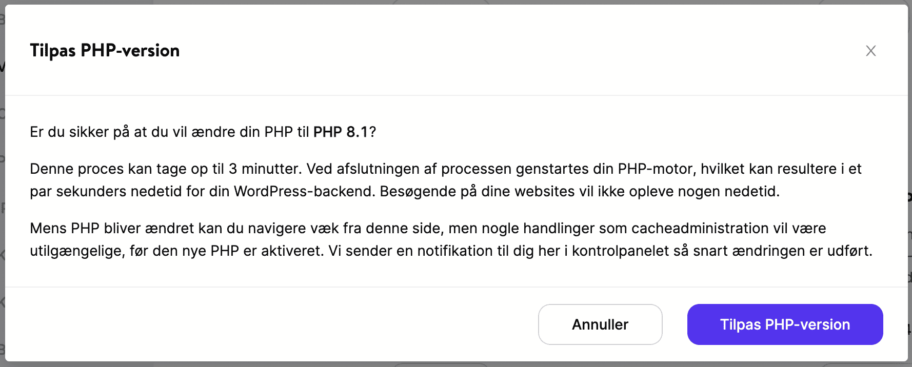 Ændre PHP-version.