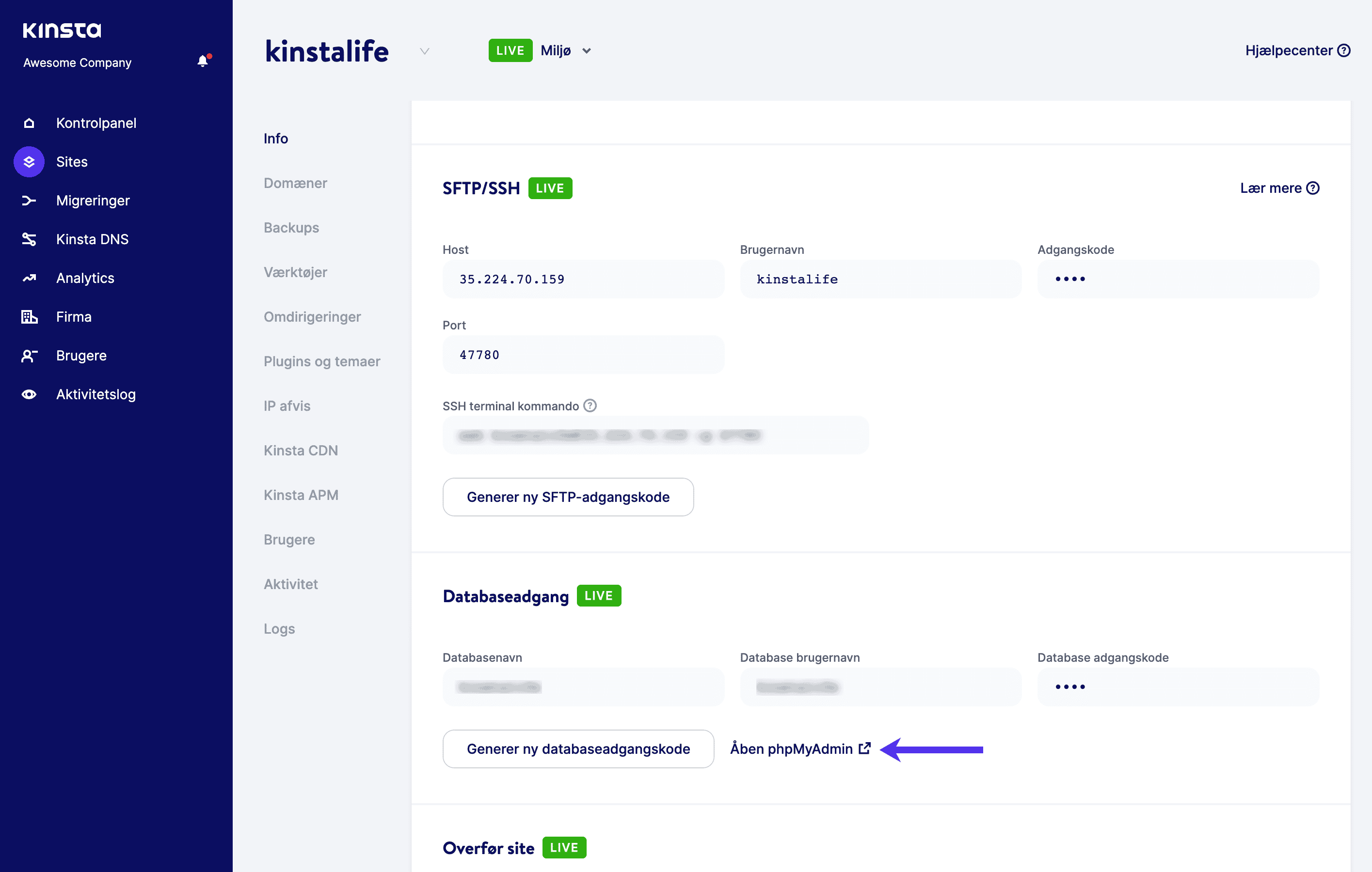 Åbn phpMyAdmin fra MyKinsta.