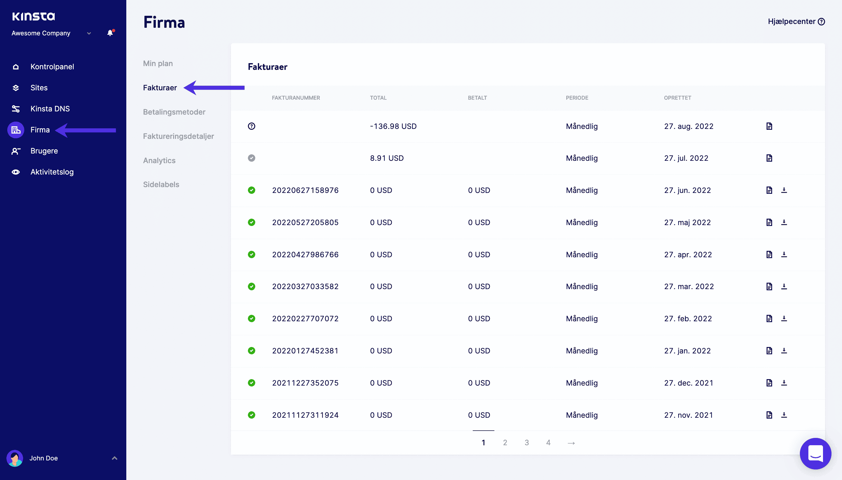 Hosting fakturaer i MyKinsta.