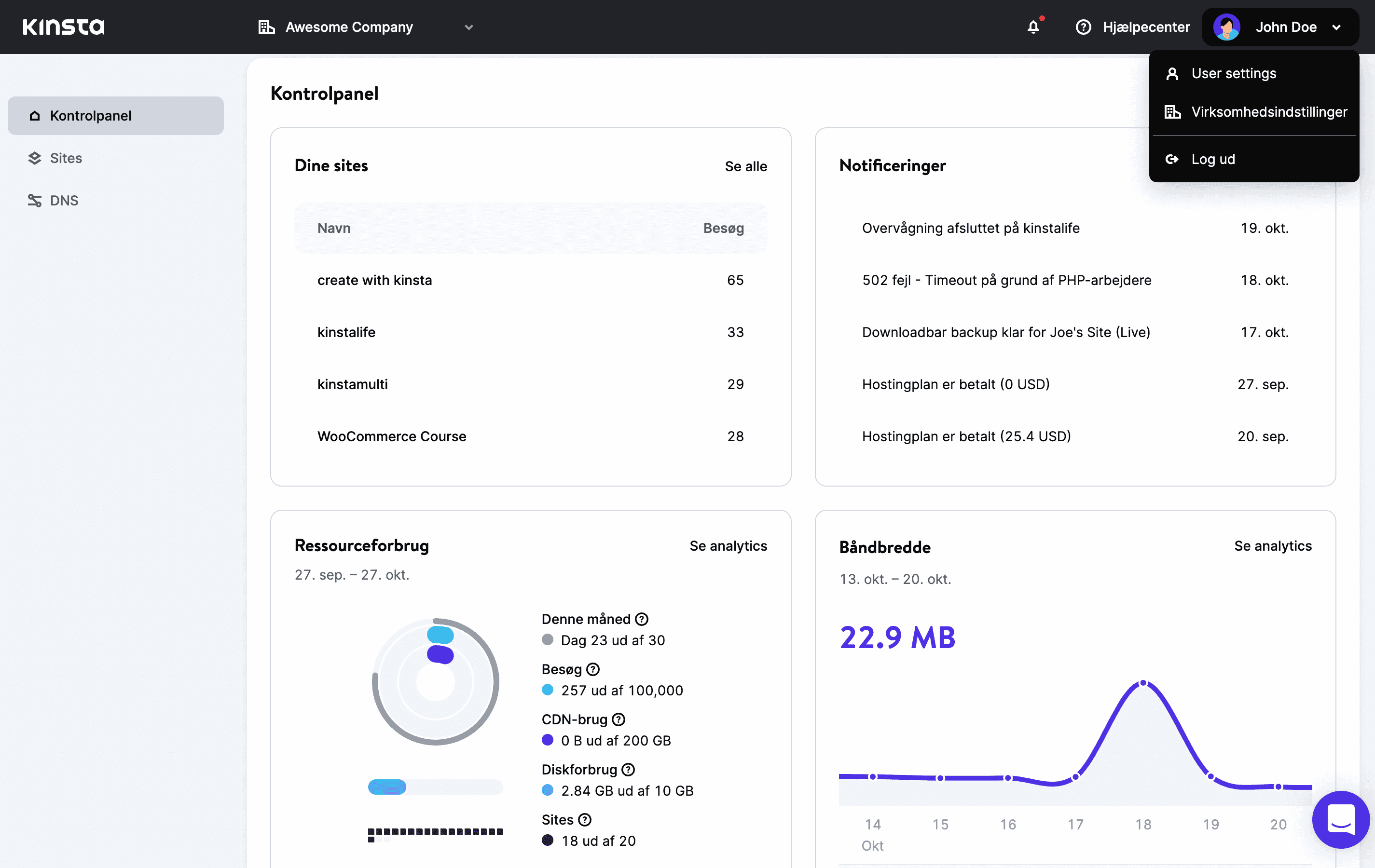 Det nye MyKinsta dashboard