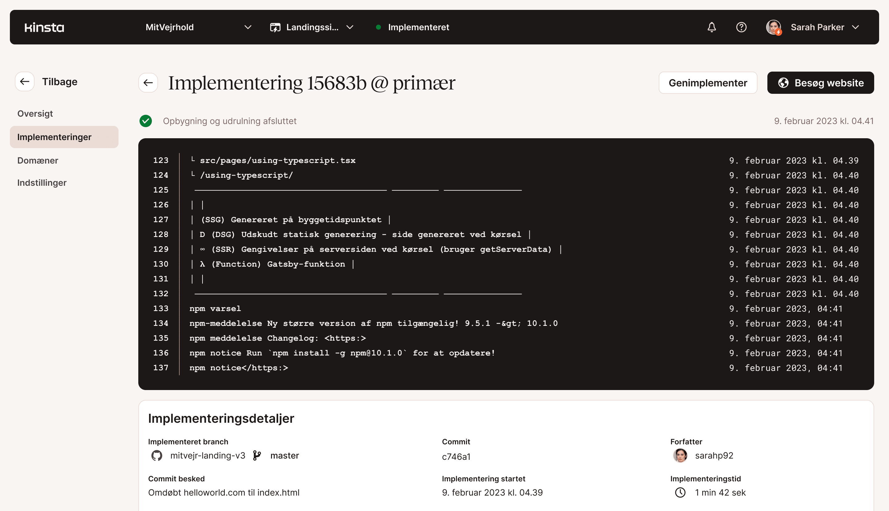 MyKinsta-skærmbillede, der viser implementering af statisk side