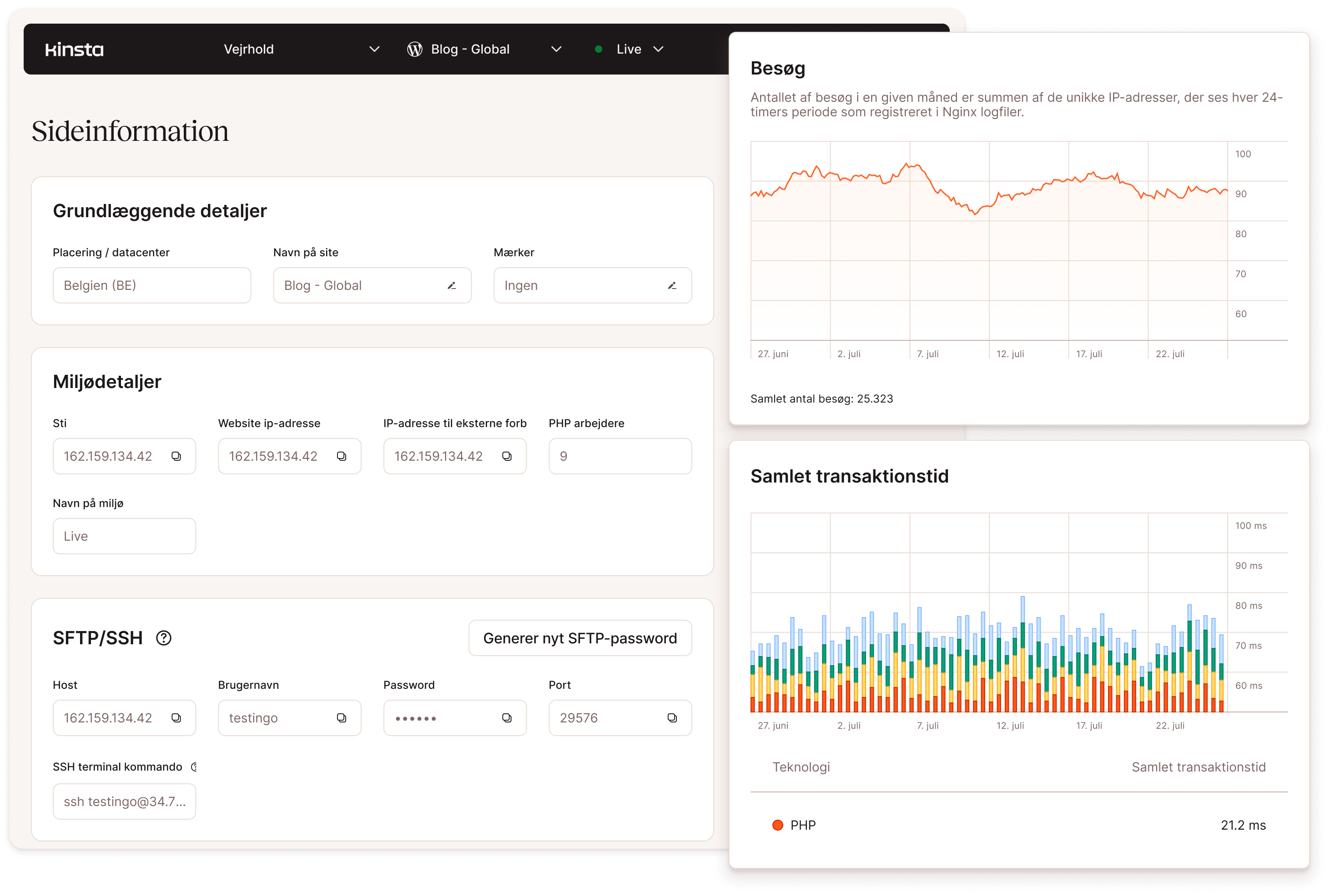 Skærmbilleder, der viser MyKinsta WordPress-sideadministrationsfunktioner