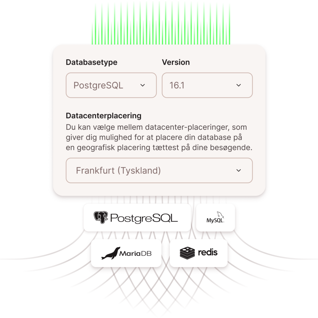 Skærmbillede, der viser valg af MyKinsta-databasetype, -version og -datacenterplacering