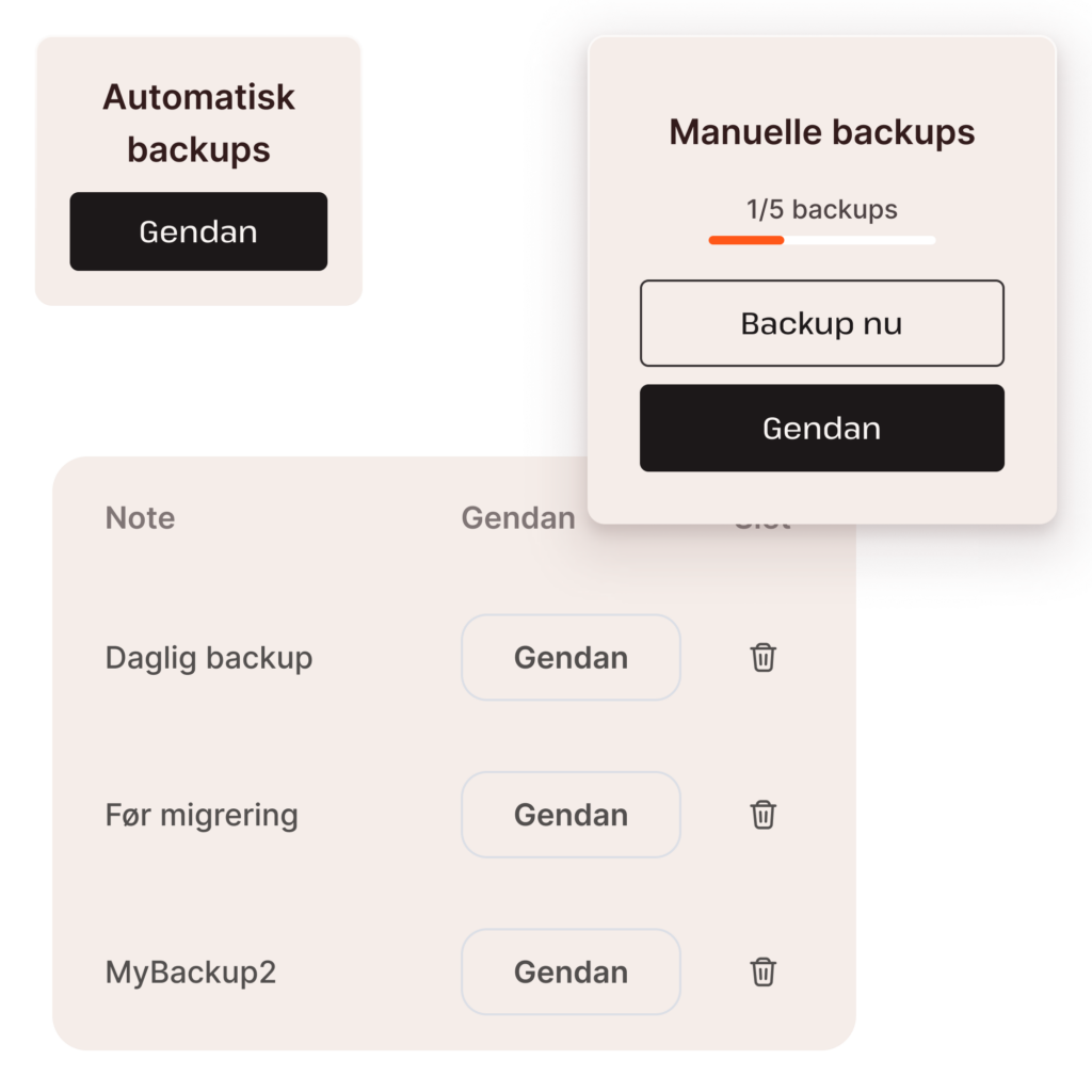 Screenshots, der viser databasebackup-funktionalitet