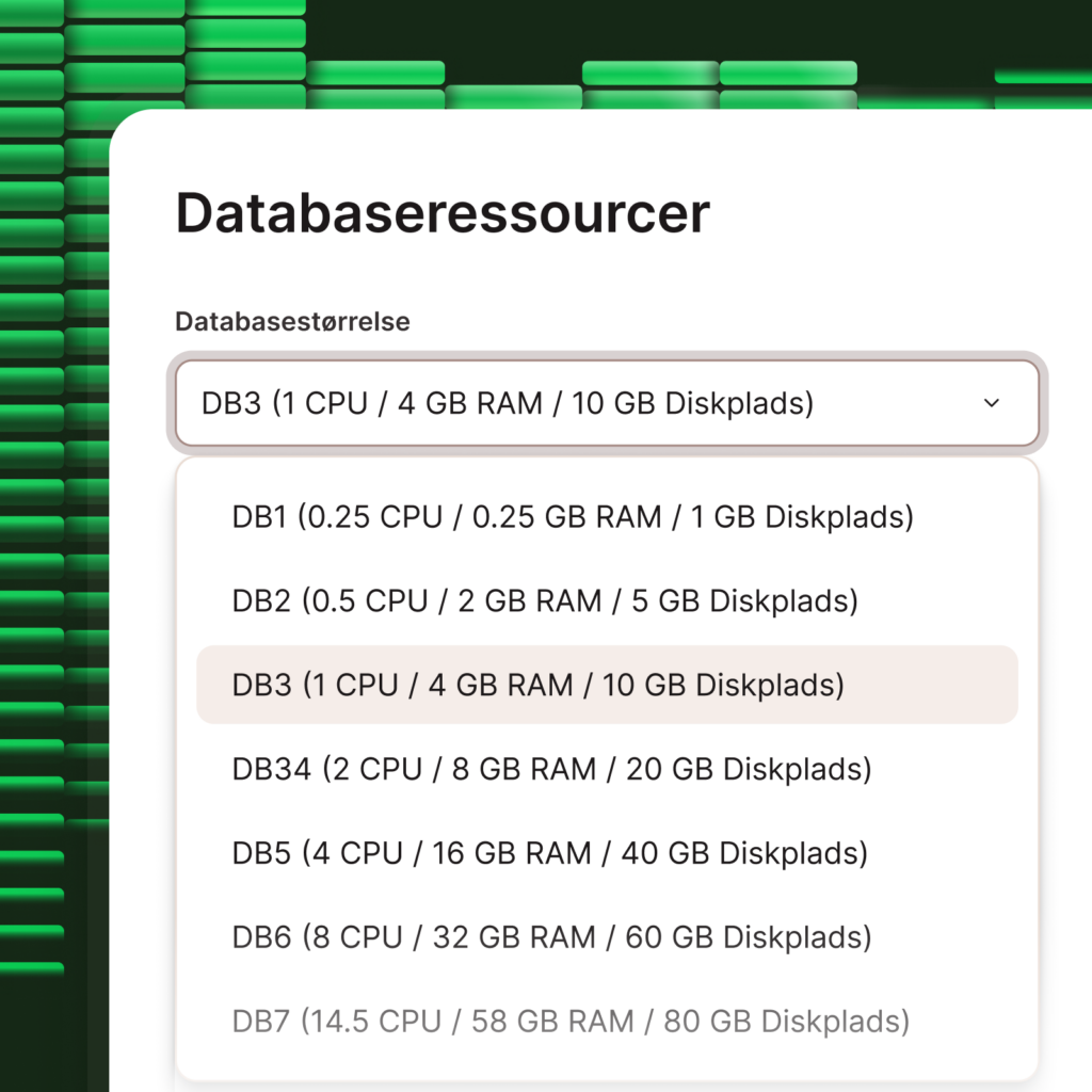 Skærmbillede, der viser vælgeren for forskellige database-ressourceniveauer
