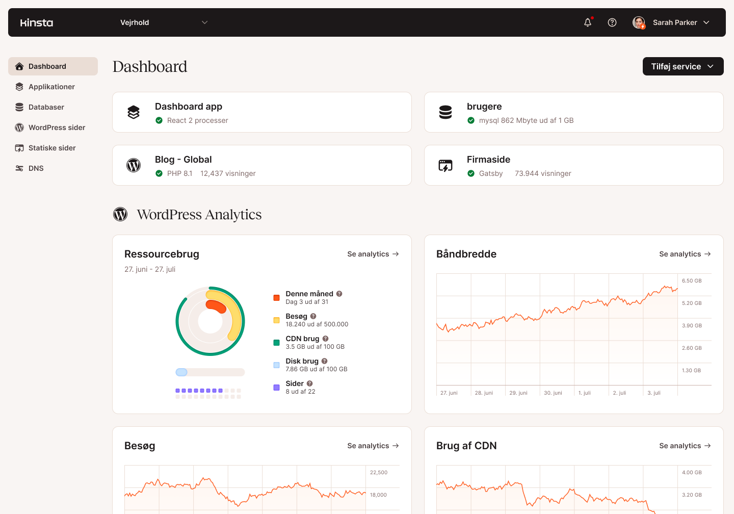 Skærmbillede af MyKinsta's hoveddashboard