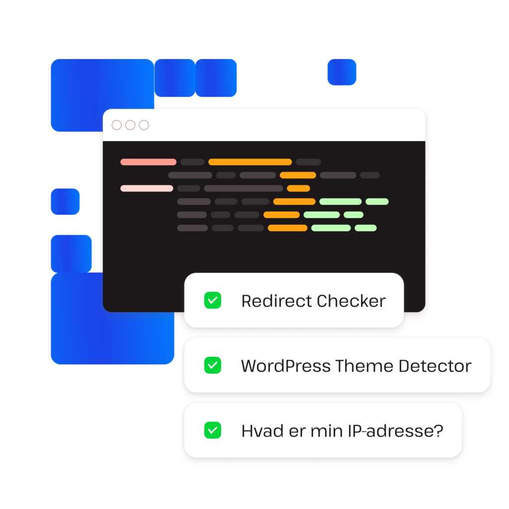 Eksempler på WordPress-udviklerværktøjer: Redirect checker, WordPress Theme Detector og What is my IP.