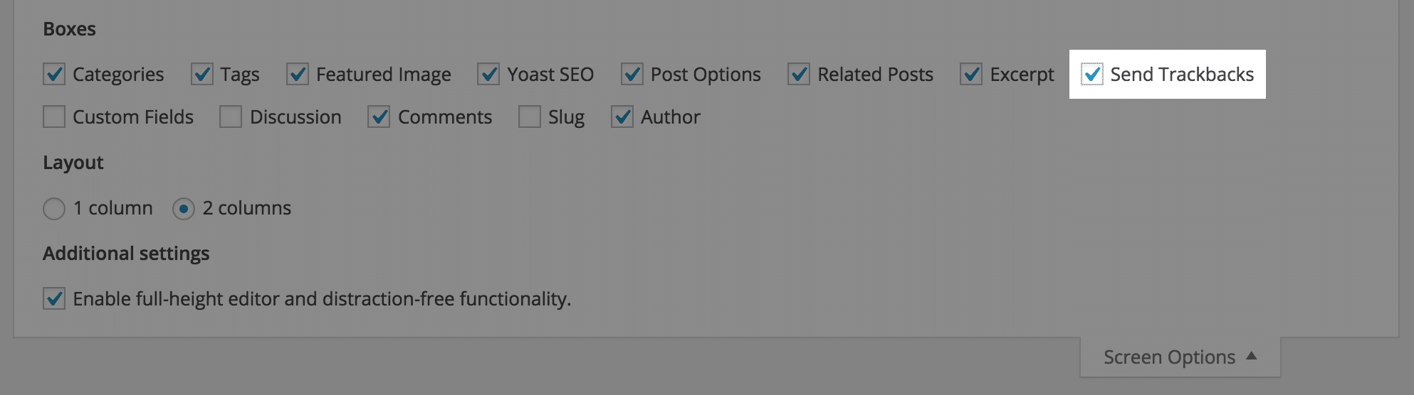 Trackback view setting in WordPress screen options section