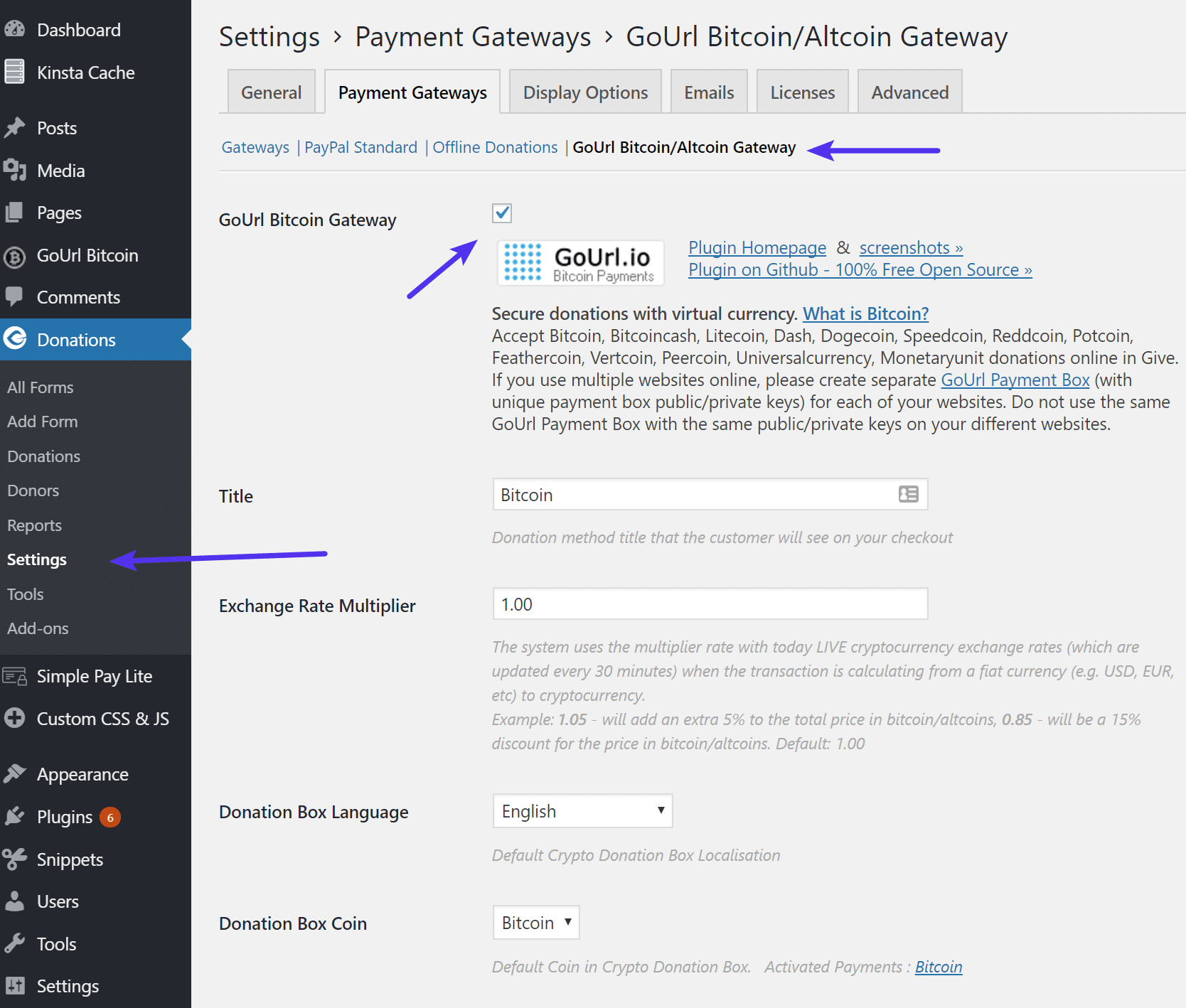 Habilitar el plugin de Bitcoin en Give