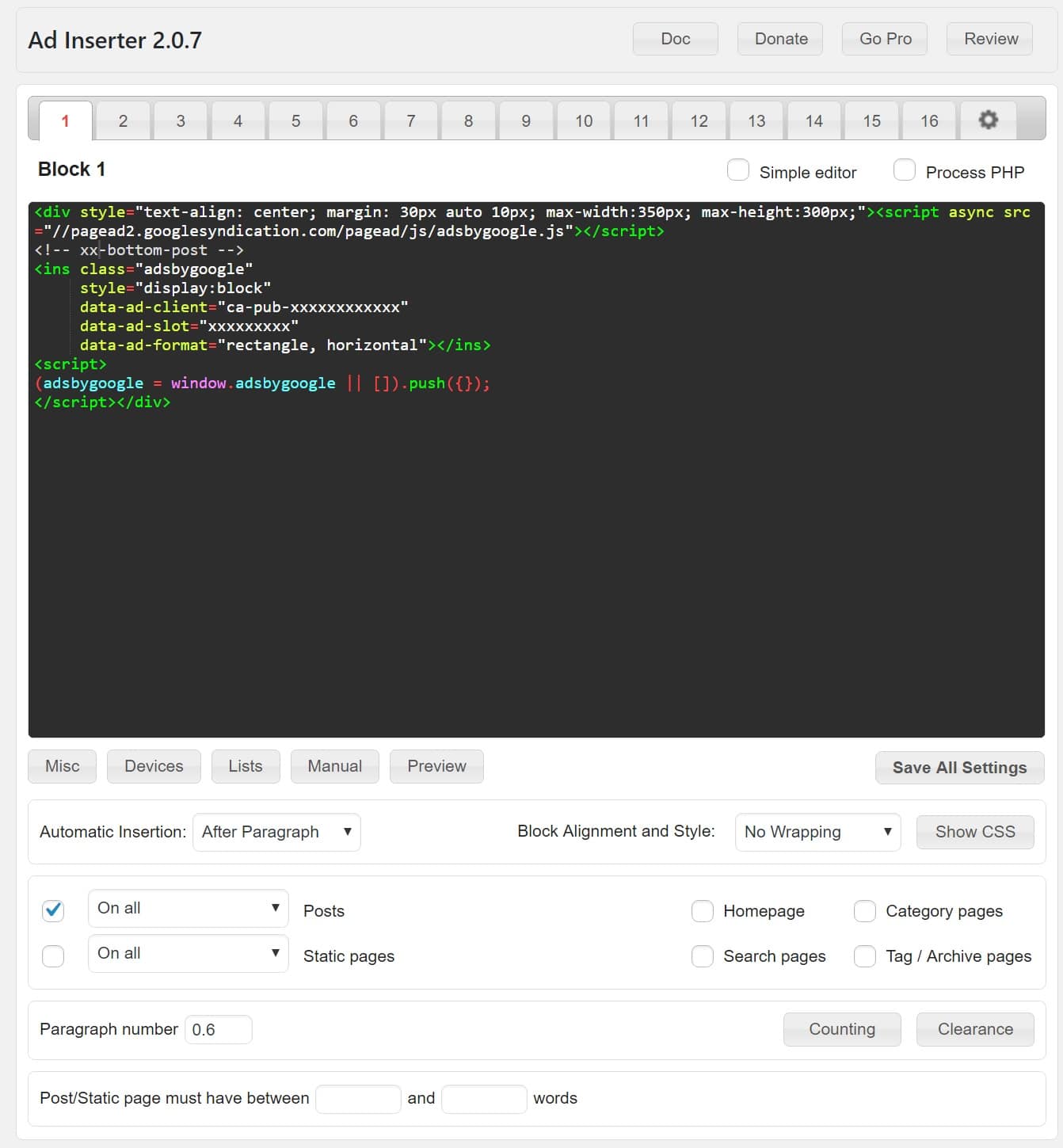 Configuración de Ad Inserter plugin