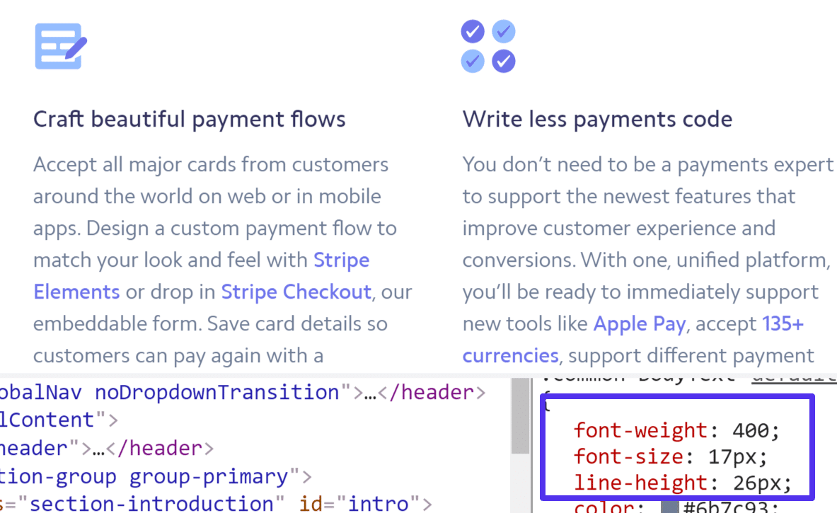 Tamaño de fuente de Stripe