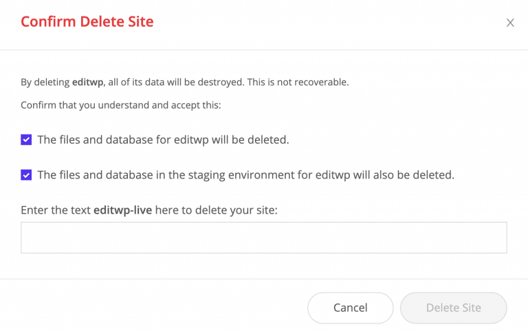 Confirmación de eliminar sitio WordPress