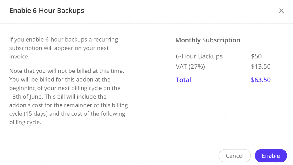 Habilitar backups de 6 horas