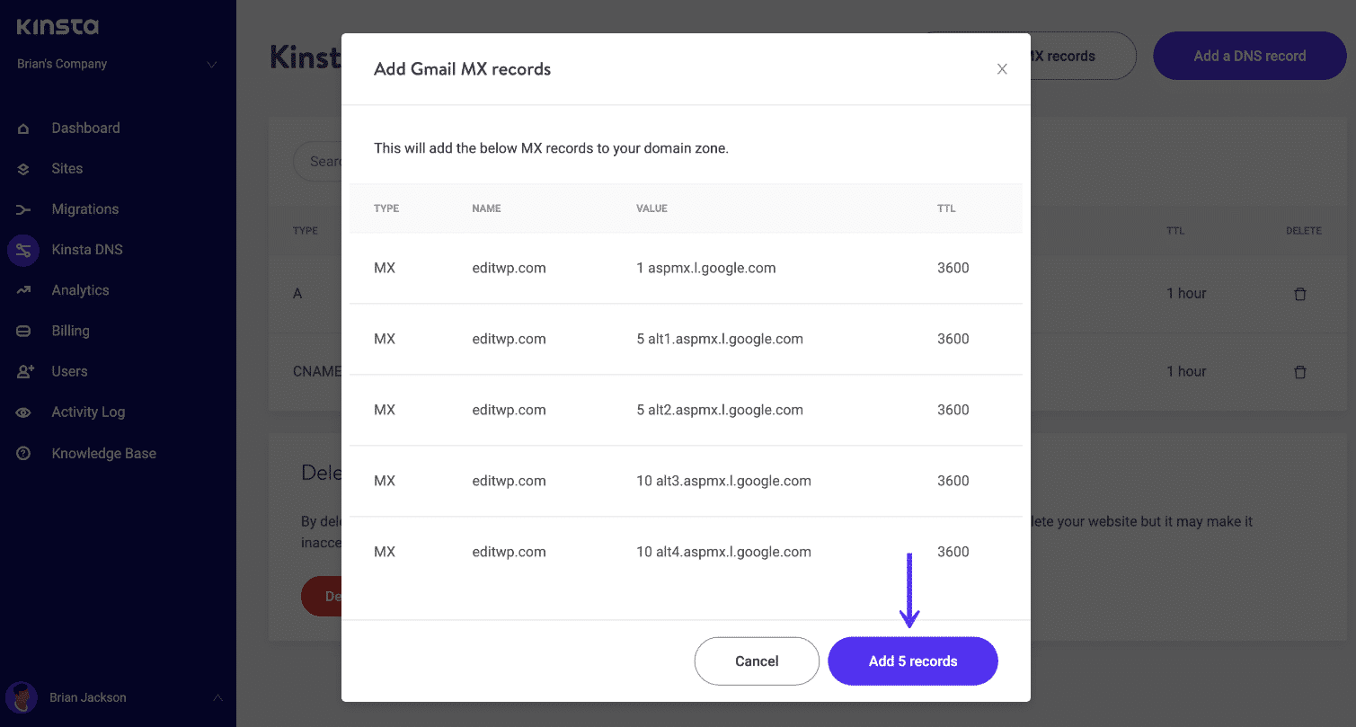 Agregar aspmx.l.google.com récords