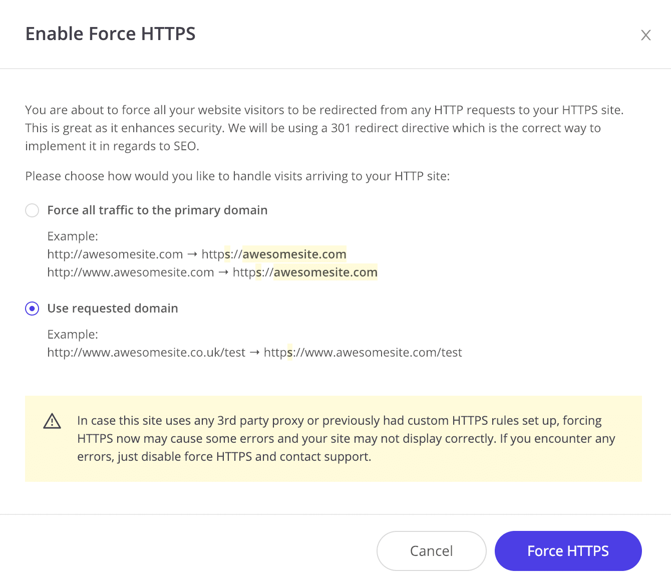 Ajustes de forzar HTTPS