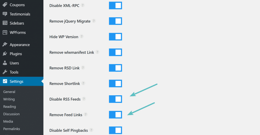 Desactivar fuentes RSS con perfmatters