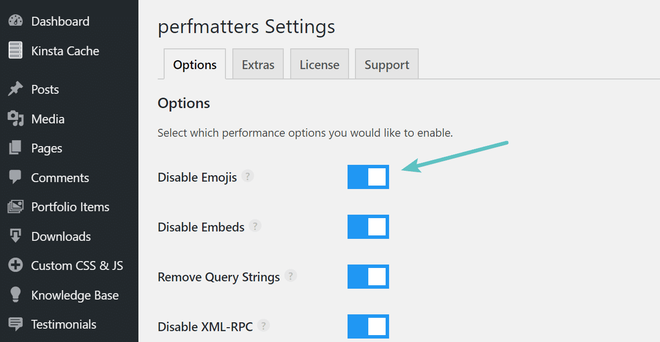 Desactivar emojis con perfmatters