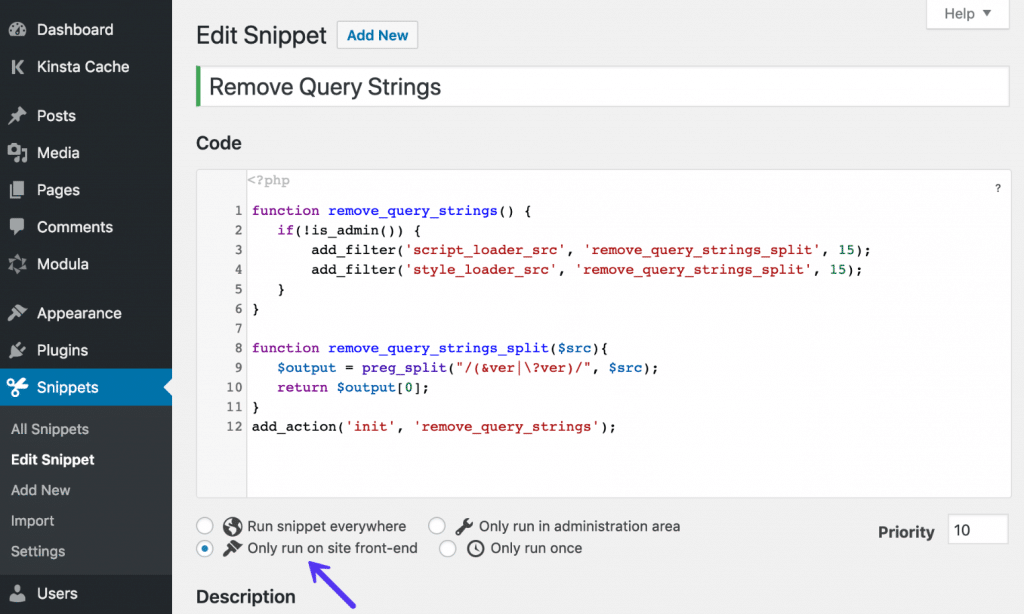 Eliminar cadenas de consulta mediante Code Snippet