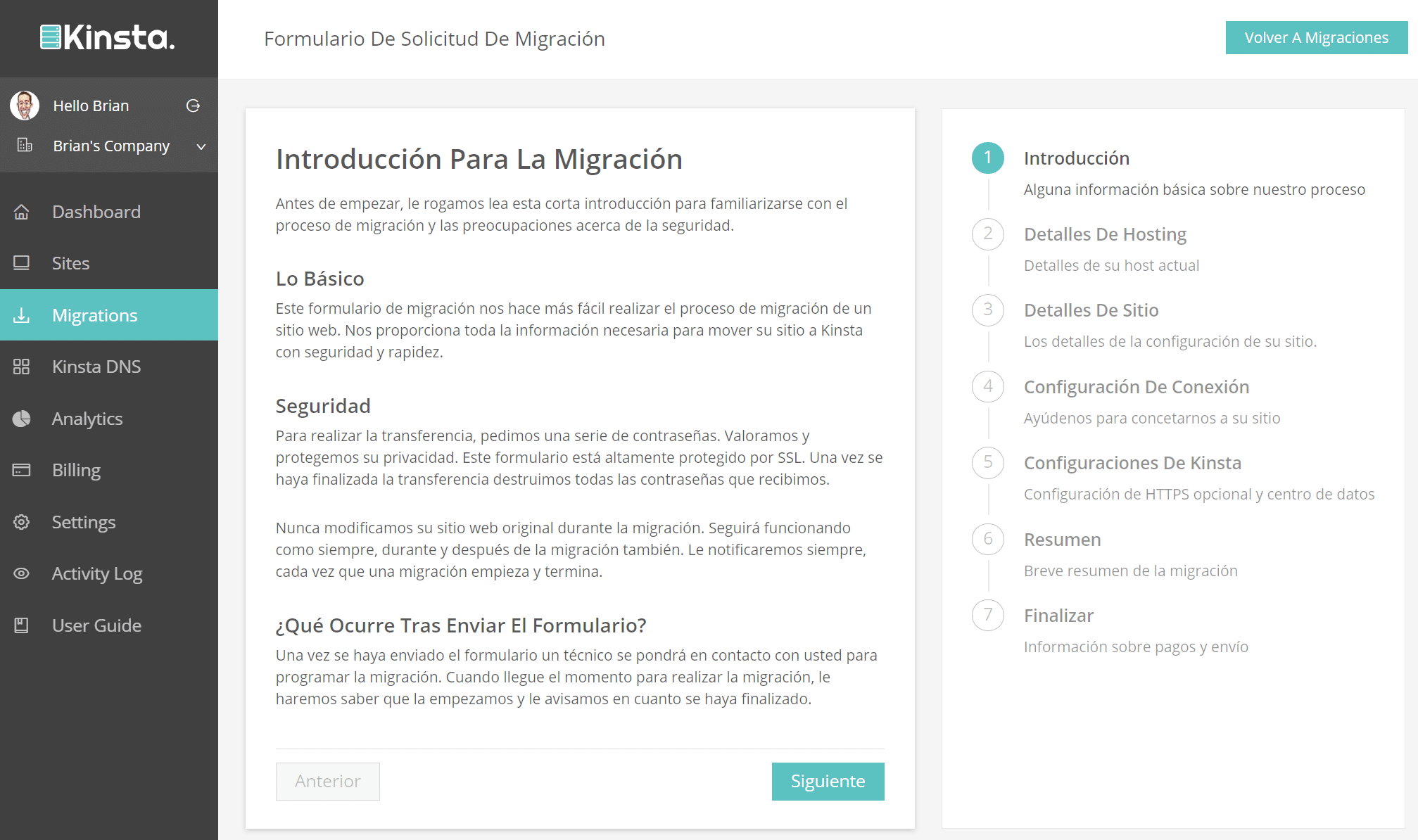 MyKinsta v2 pantalla de migración en español