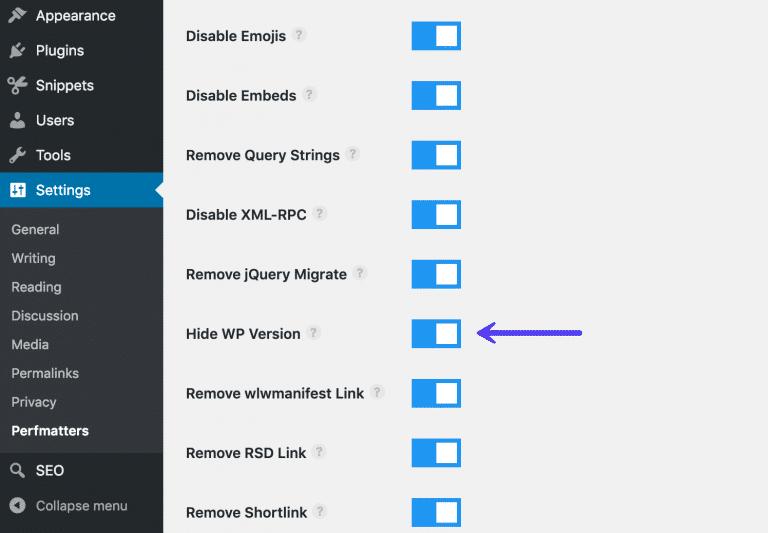 Esconder la versión de WP con Perfmatters