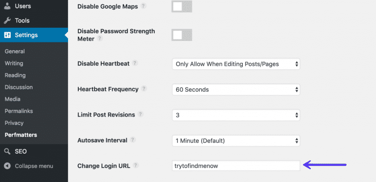 Ocultar URL de acceso WordPress con Perfmatters