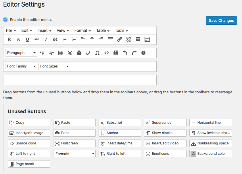 TinyMCE Advanced proporciona una lista completa de los ajustes del editor