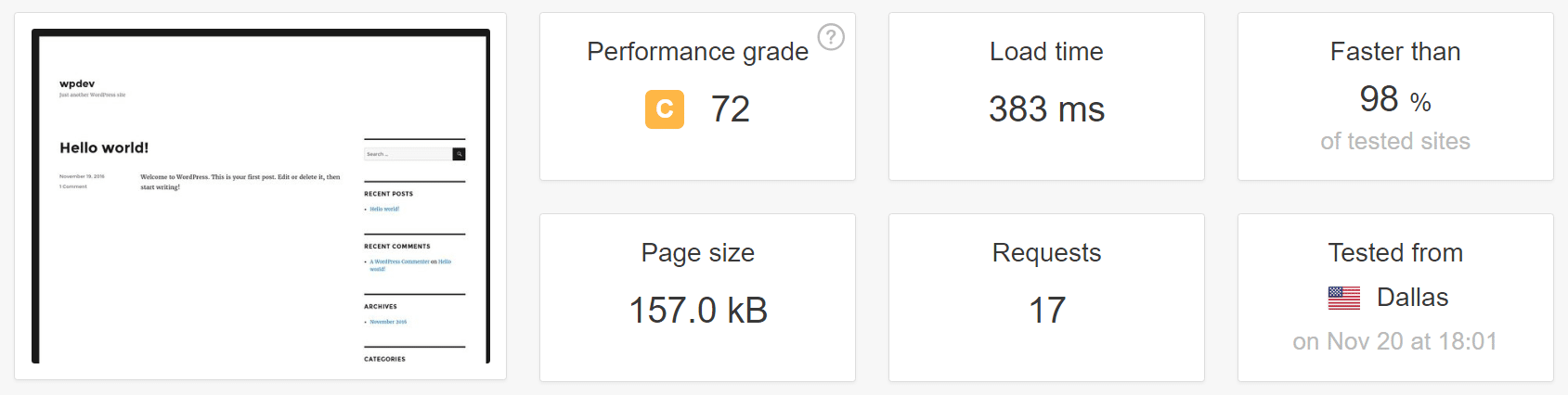 4. prueba de velocidad de intalación fresca de wordpress