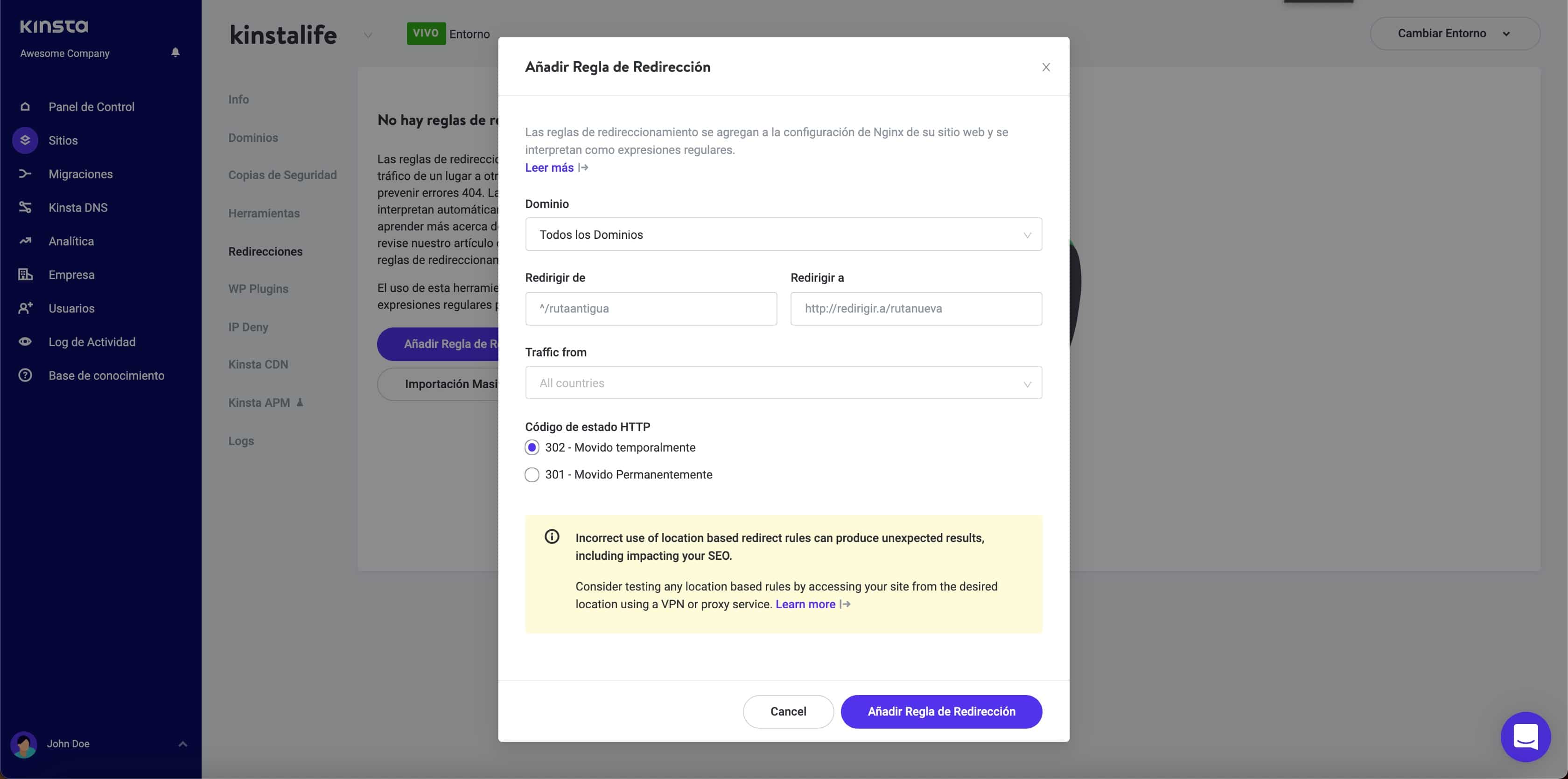 Creando redirecciones wildcard en MyKinsta