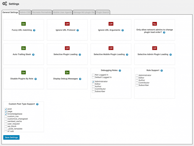 Página de Ajustes de Plugin Organizer