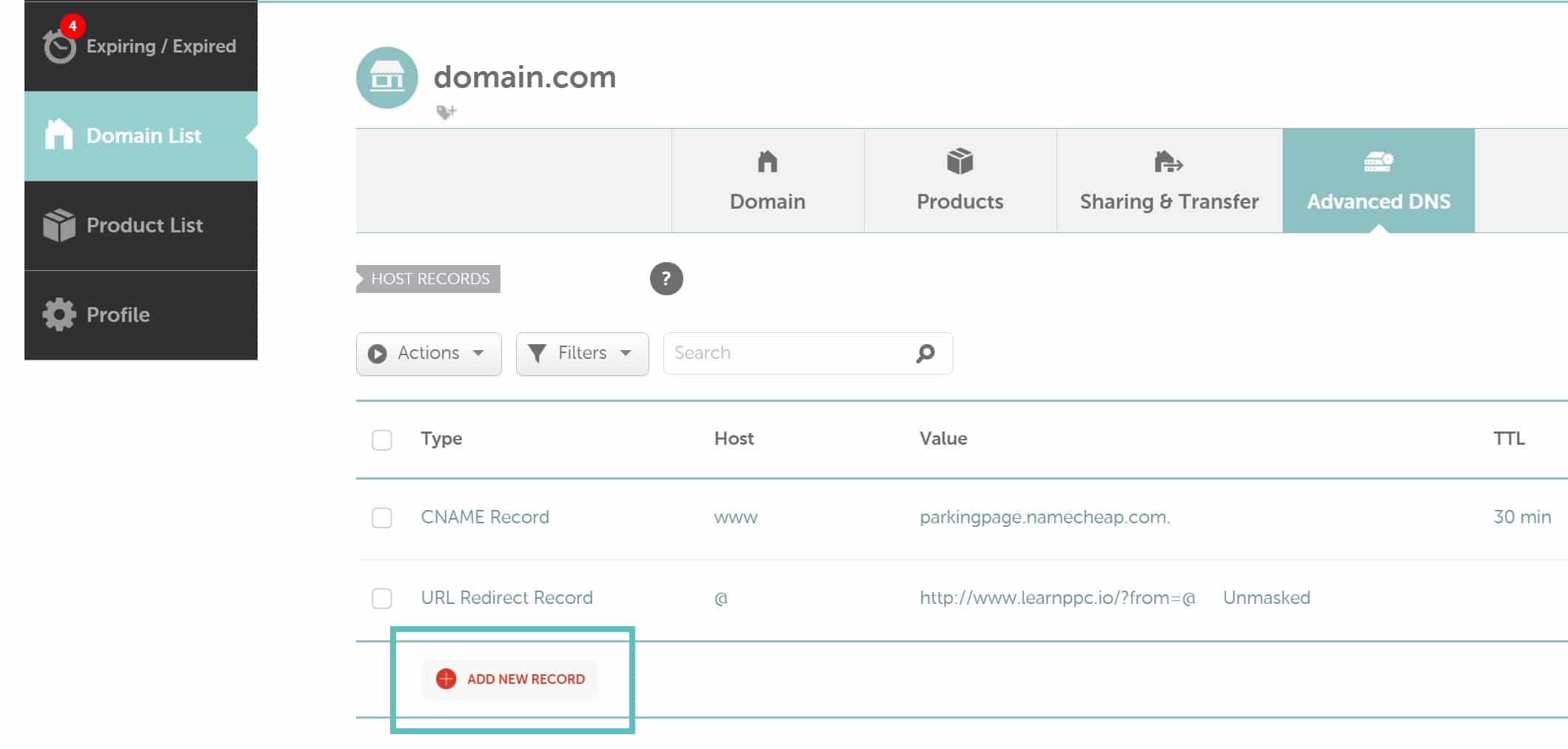 Añadir nuevo DNS-record Namecheap