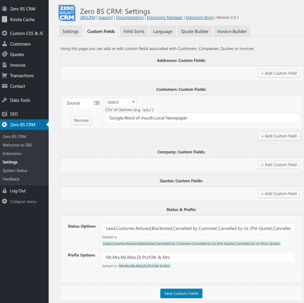 Configuración de Zero BS CRM