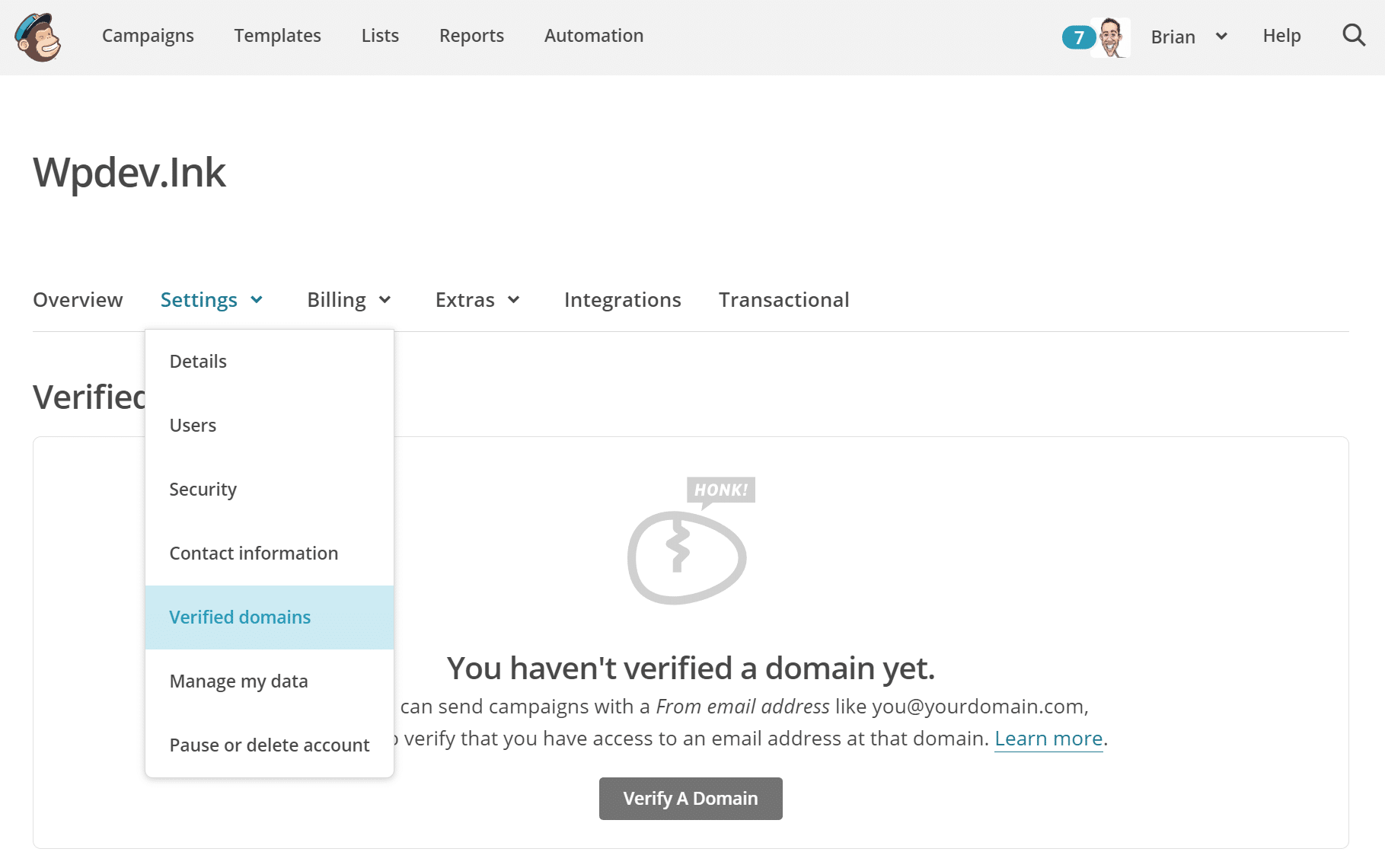 Dominios verificados de Mailchimp