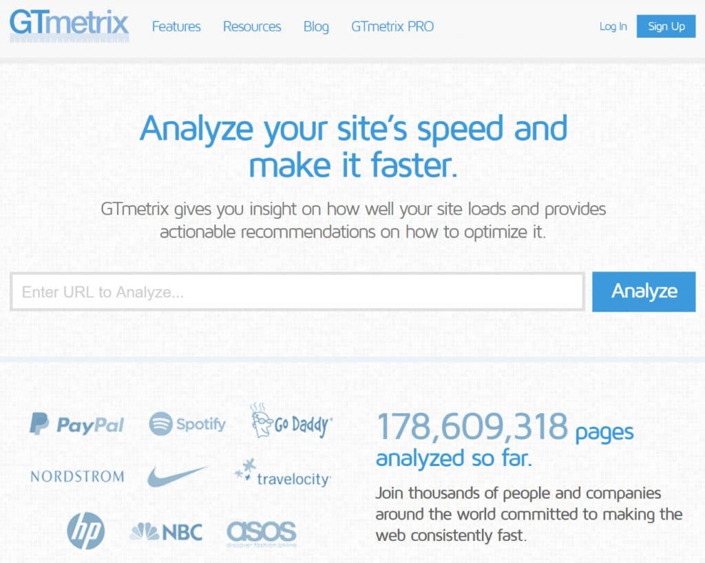 GTmetrix prueba de velocidad de sitio web