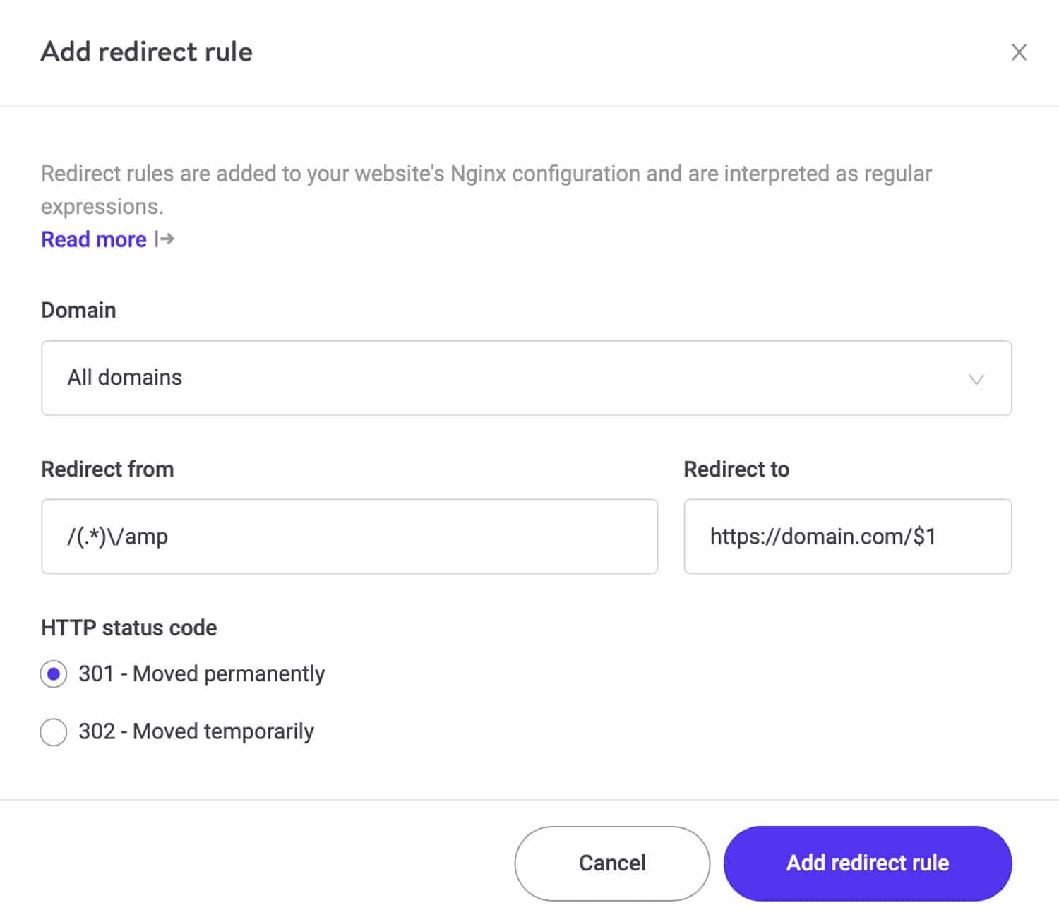 Deshabilitar el ejemplo de Google AMP Regex