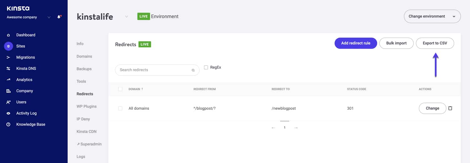 Exportar redirecciones a CSV en MyKinsta.