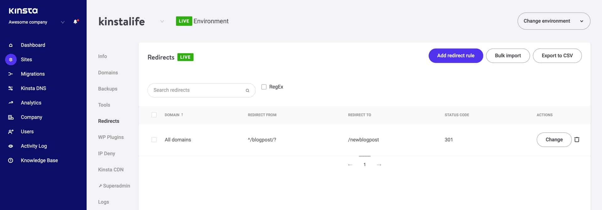 Manejar las reglas de redirección en el panel de MyKinsta.
