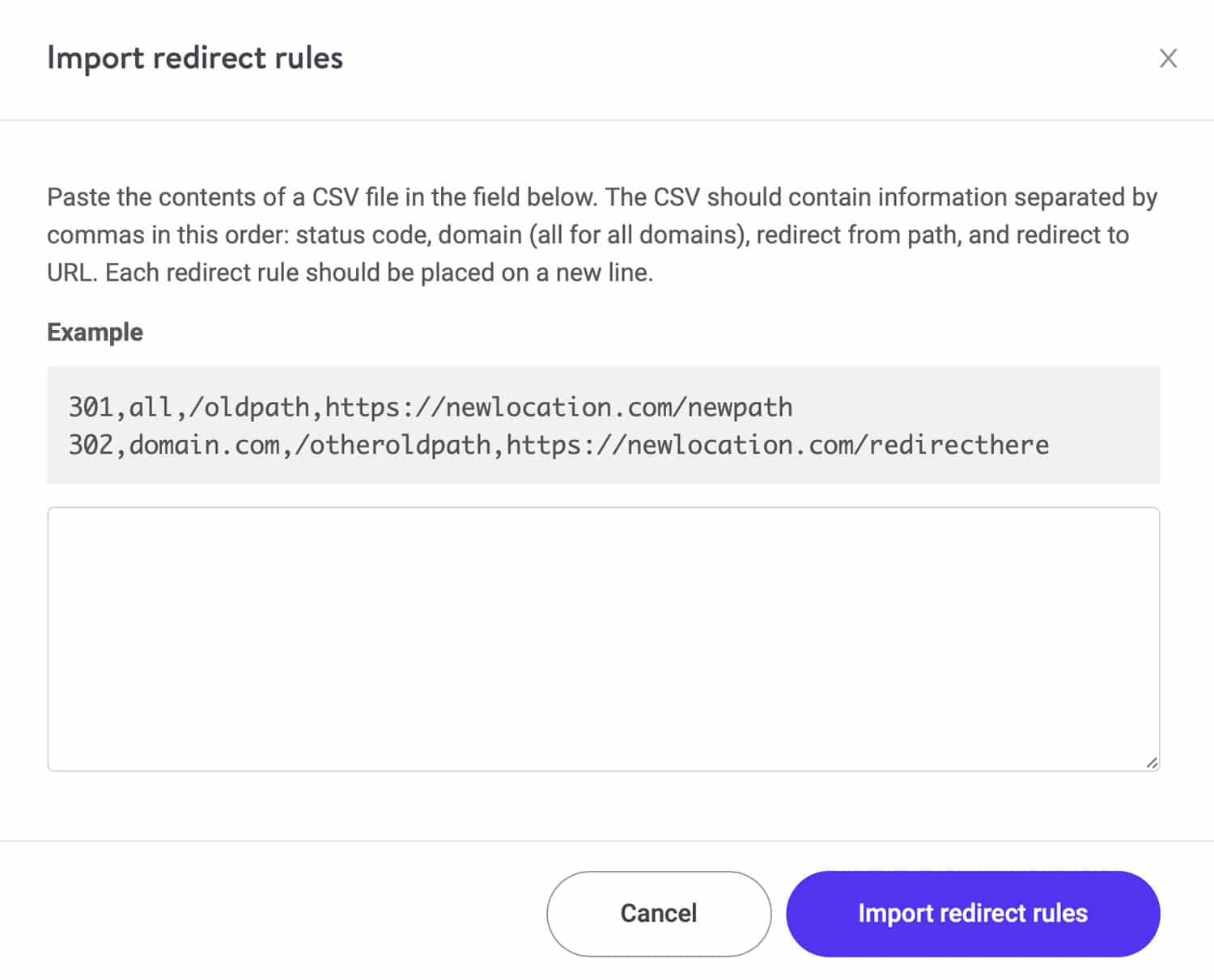 Reglas de redirección de importación en bloque.