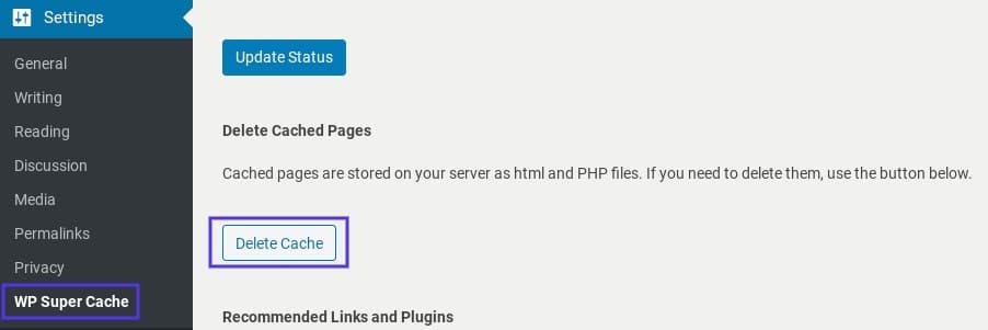 La página de configuración del plugin WP Super Cache