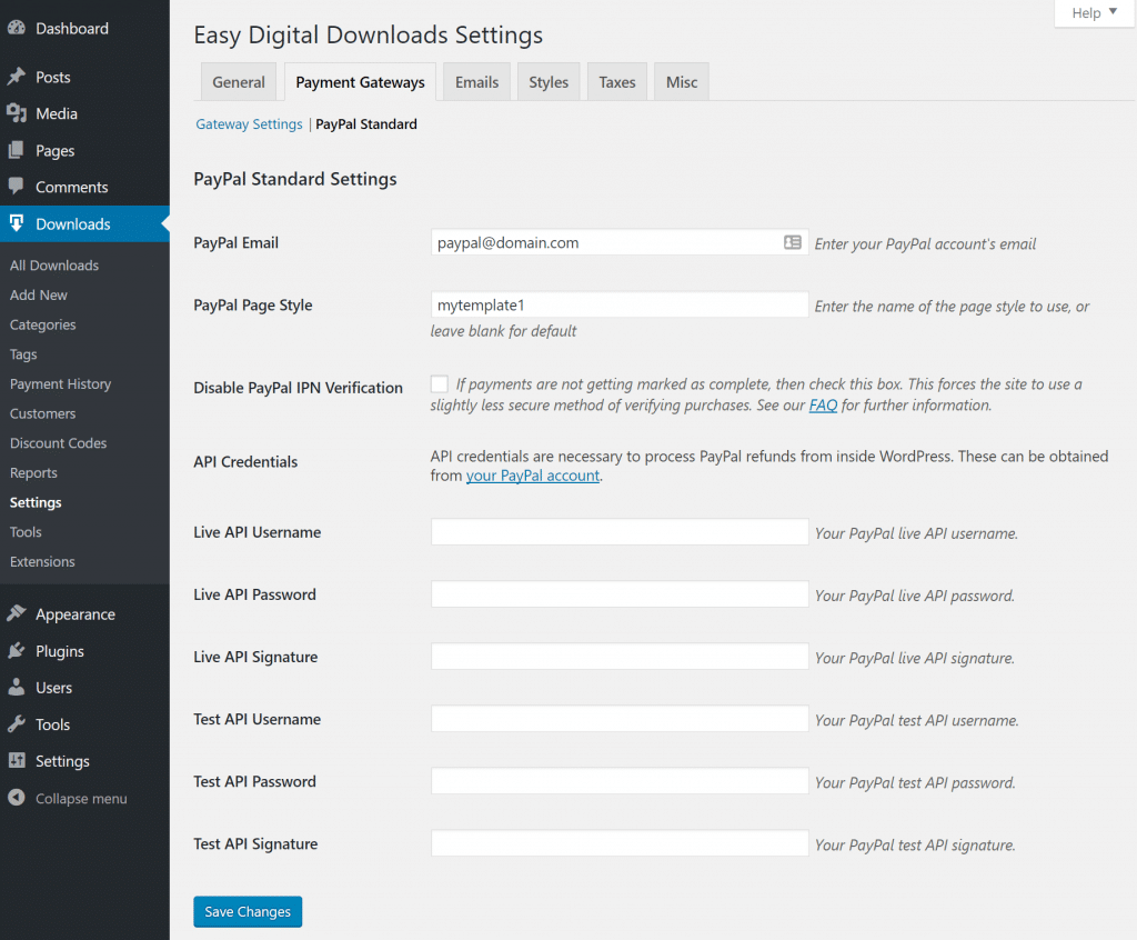 Ajustes predeterminados de PayPal