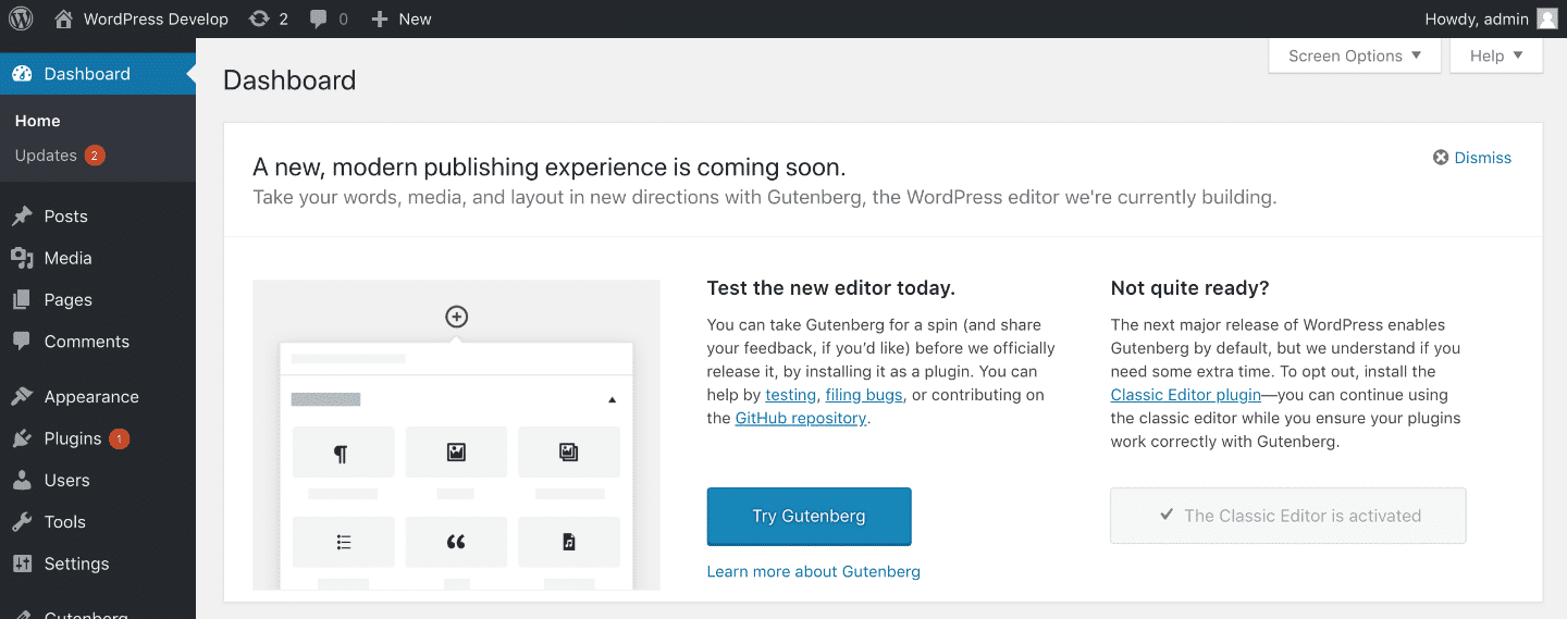 Notificación de Gutenberg para WordPress 5.0