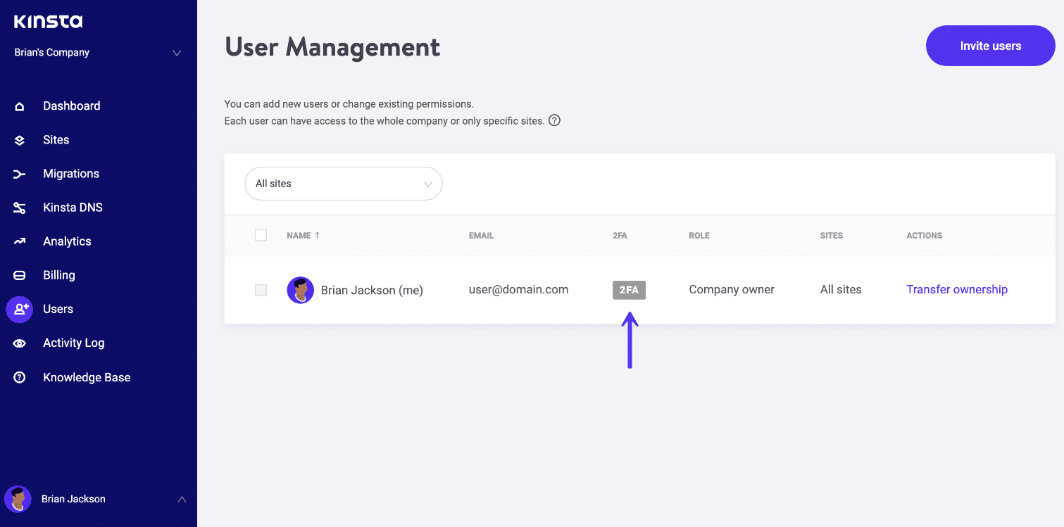 Autenticación de 2 factores (2FA) en MyKinsta