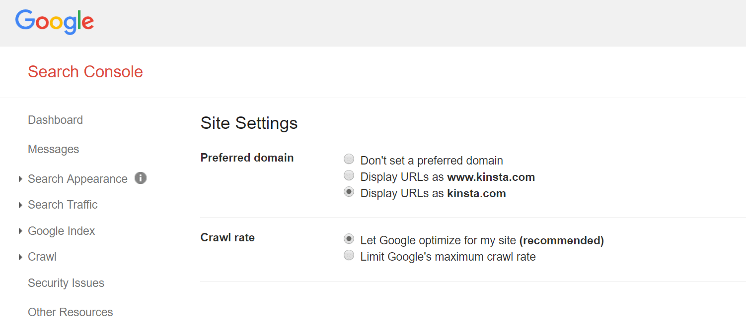 google search console dominio preferido