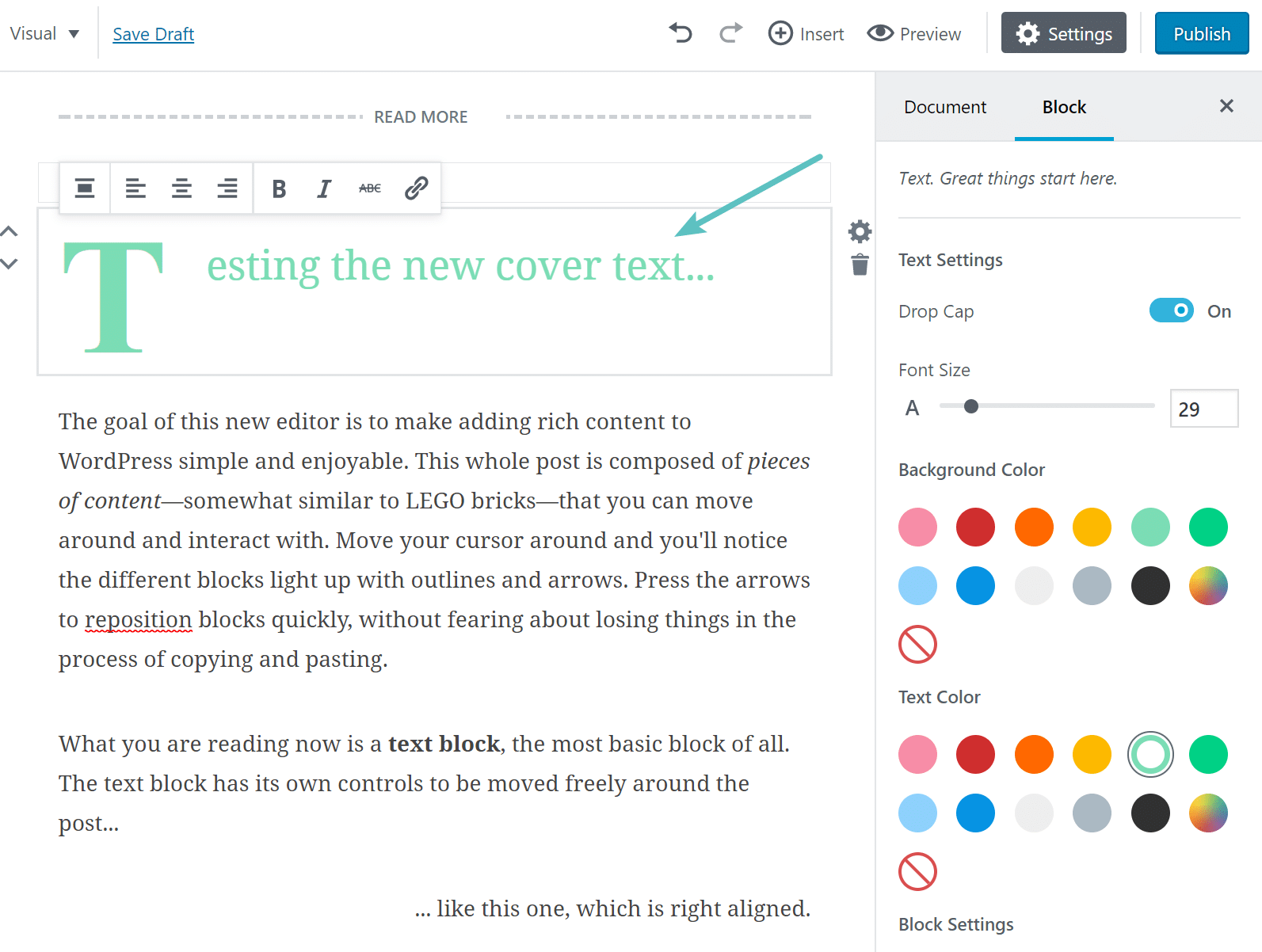 Cubrir texto en Gutenberg