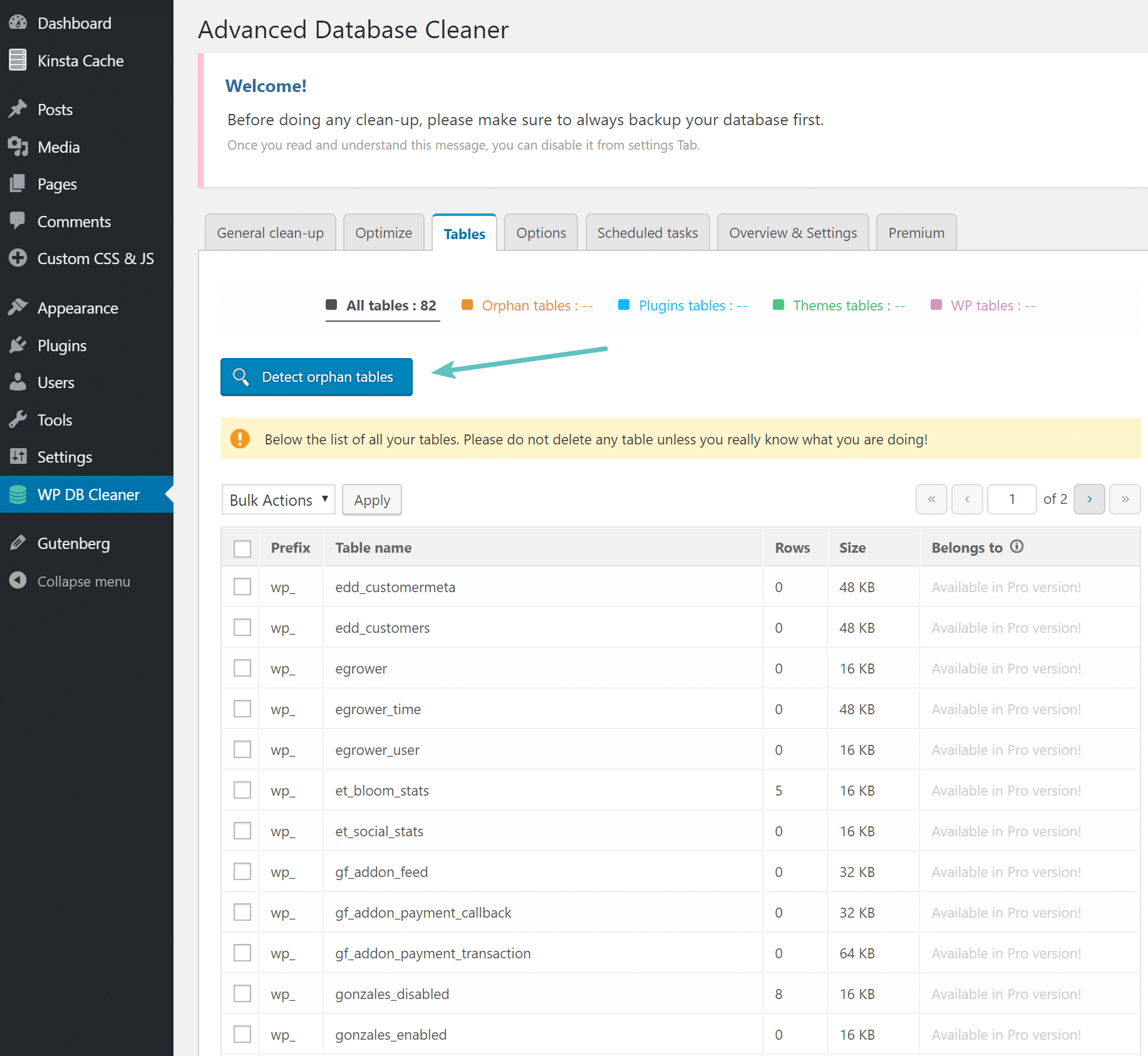 Detectar tablas huérfanas