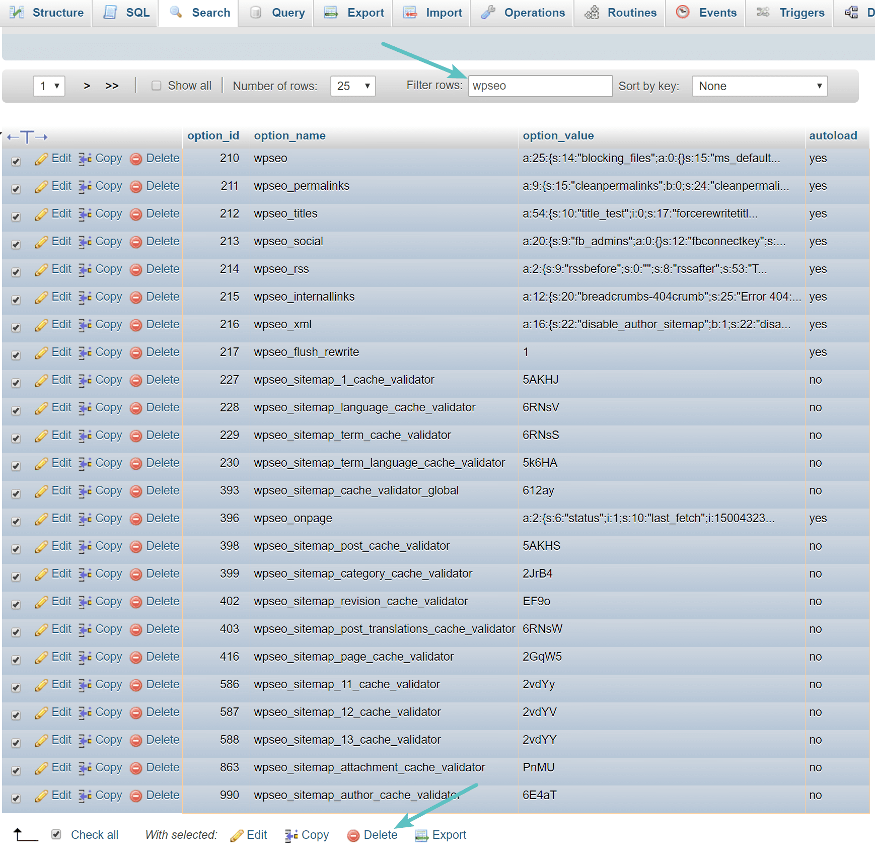 Tabla de wp_options de Yoast SEO