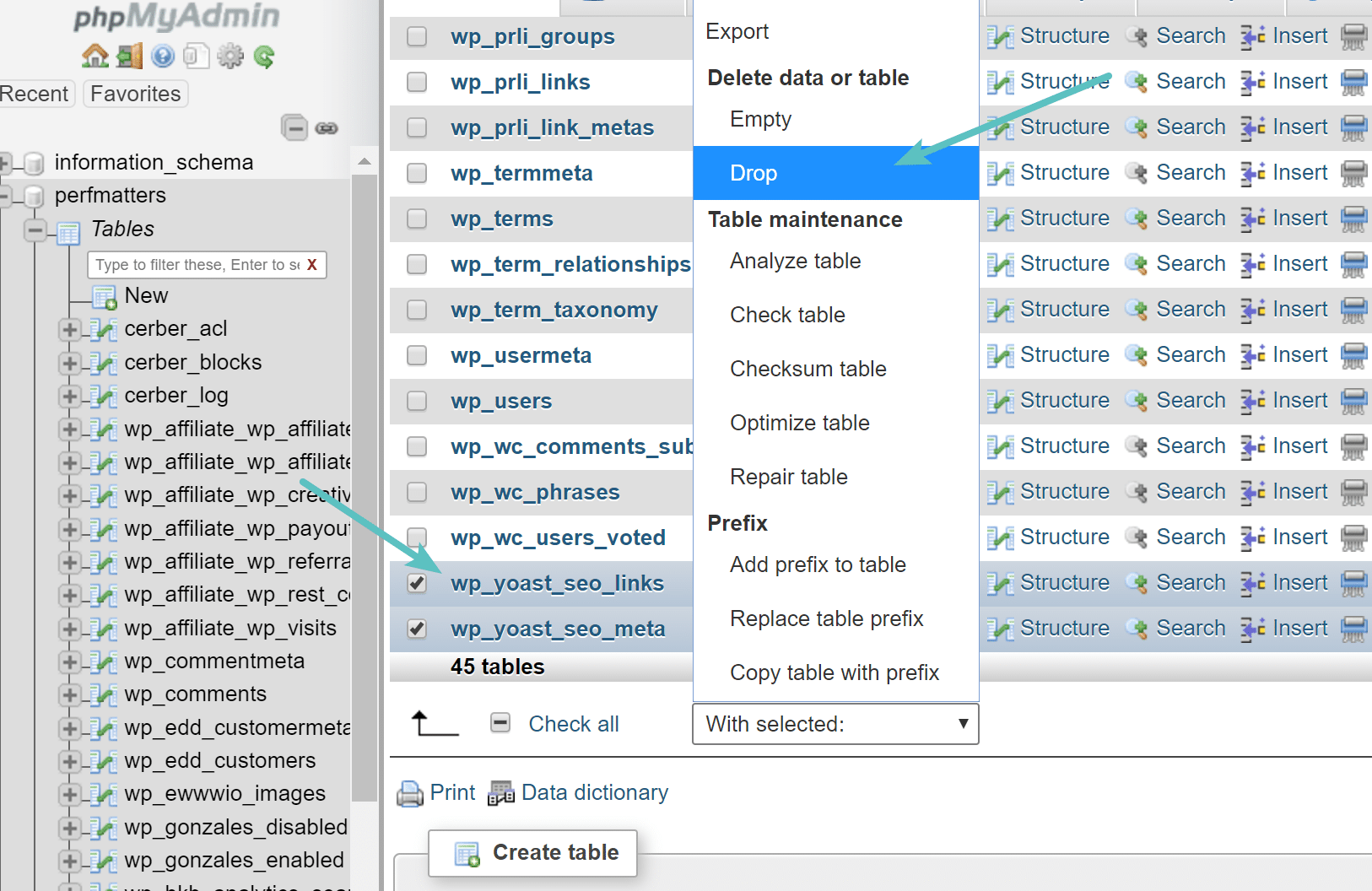 Soltar las tablas de Yoast SEO