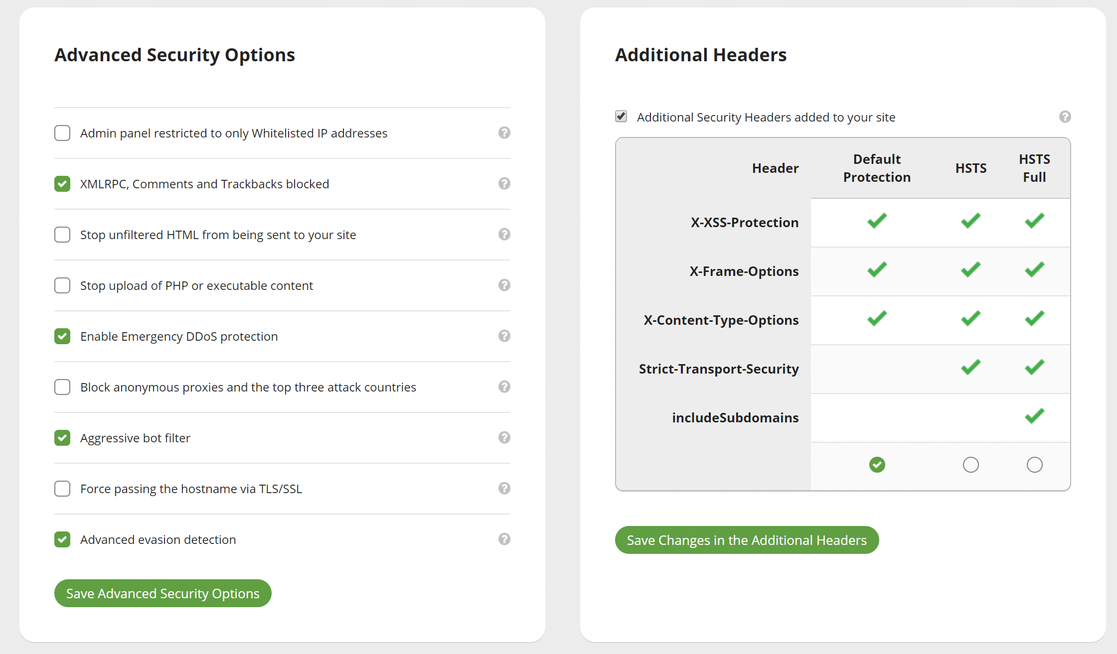 Opciones avanzadas de seguridad - Sucuri